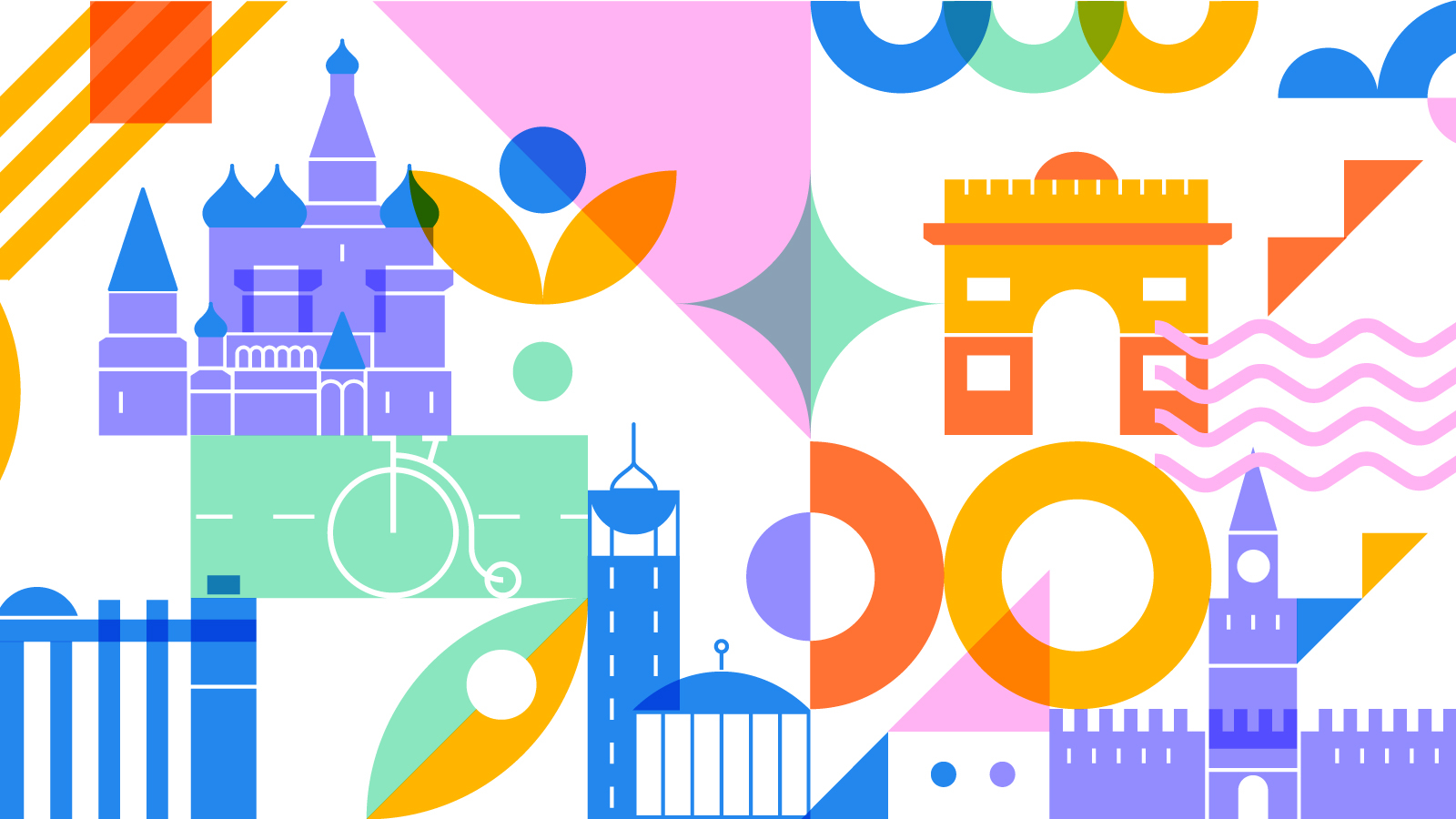 Красочный фирменный паттерн в основе фирменного стиля Московского велофестиваля создан на основе стилизованных образов главных достопримечательностей столицы.